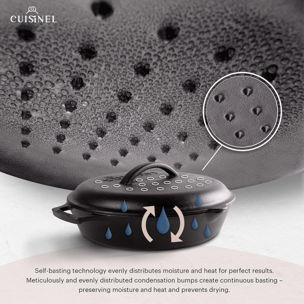 Cuisinel Cast Iron 16-Piece Pre-Seasoned Cookware Set - 8' + 12' Braiser Pans + Cast Iron Lids + 10' Skillet + 2-in-1 Multi-Cooker + 12' Organizer + Scraper + Silicone Handle Covers - Fire, Oven Safe