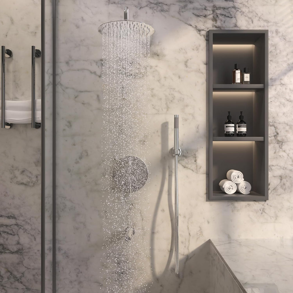 MONDAWE Round Shower Faucets Sets Complete with Tub Spout, Wall Mounted Shower System 10 Inch Rainfall Shower Head with Handheld Combo, Chrome High Pressure Shower Faucet Set