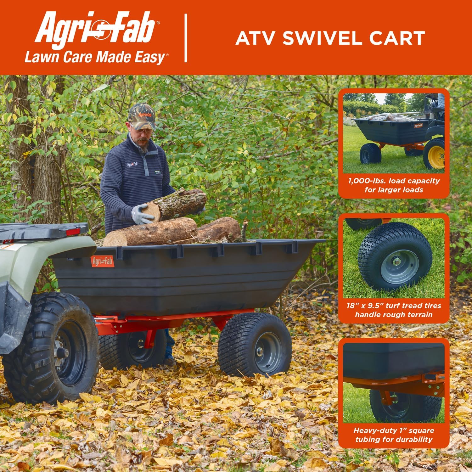 Agri-Fab 45-0579 1,000 lb Tow Behind Poly Dump Cart, 17 CU. FT.; Lawn & Garden Cart/Trailer for Riding Lawn Mowers, 18' x 8.5' All-Terrain Pneumatics Tires, Easy to Use Dumping Mechanism