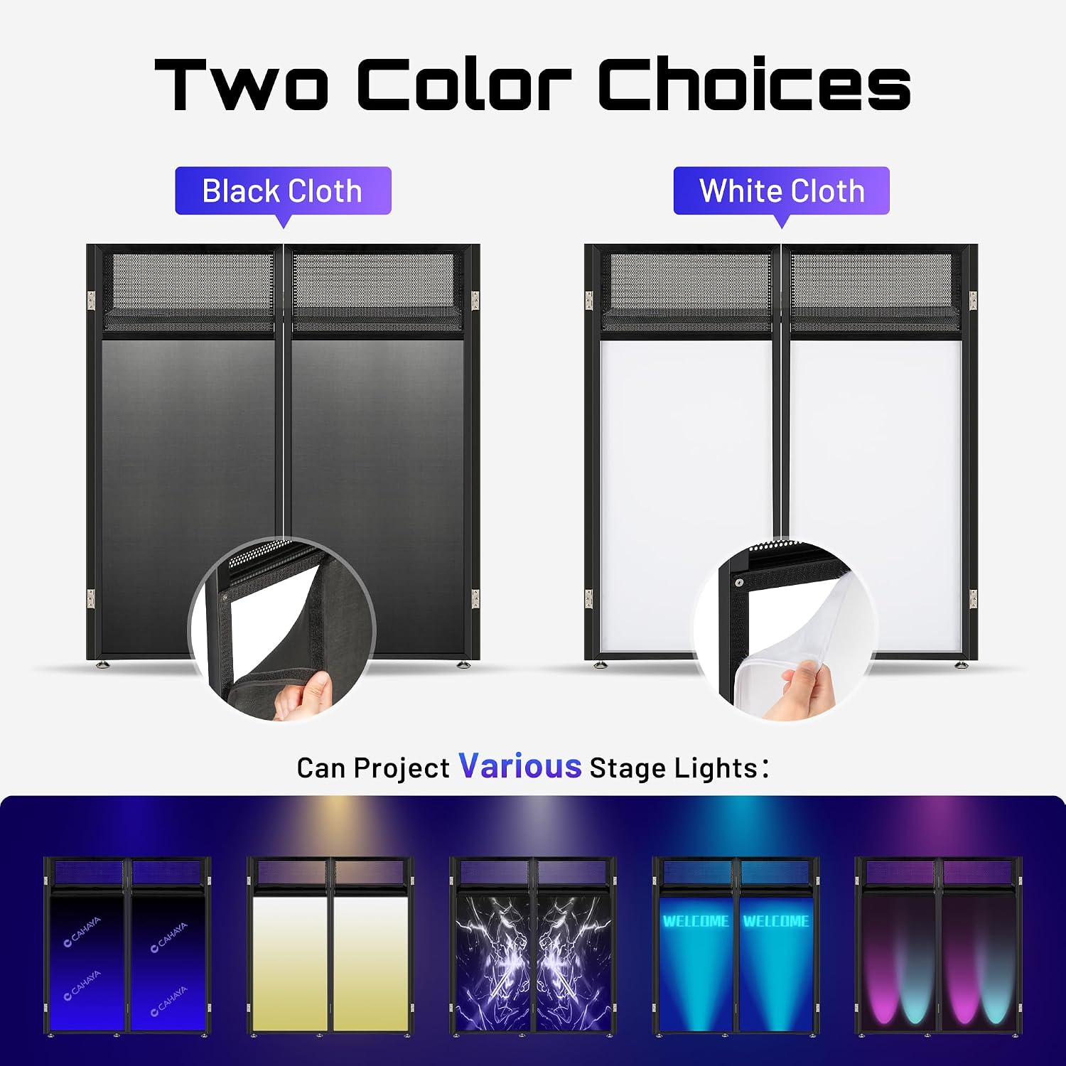 CAHAYA DJ Booth Stand Portable – DJ Table Facade for Laptop & Controller Double Top Corners Black & White Scrims for Lighting Easy Setup Foldable Storage with Bag 40'L x 20'W