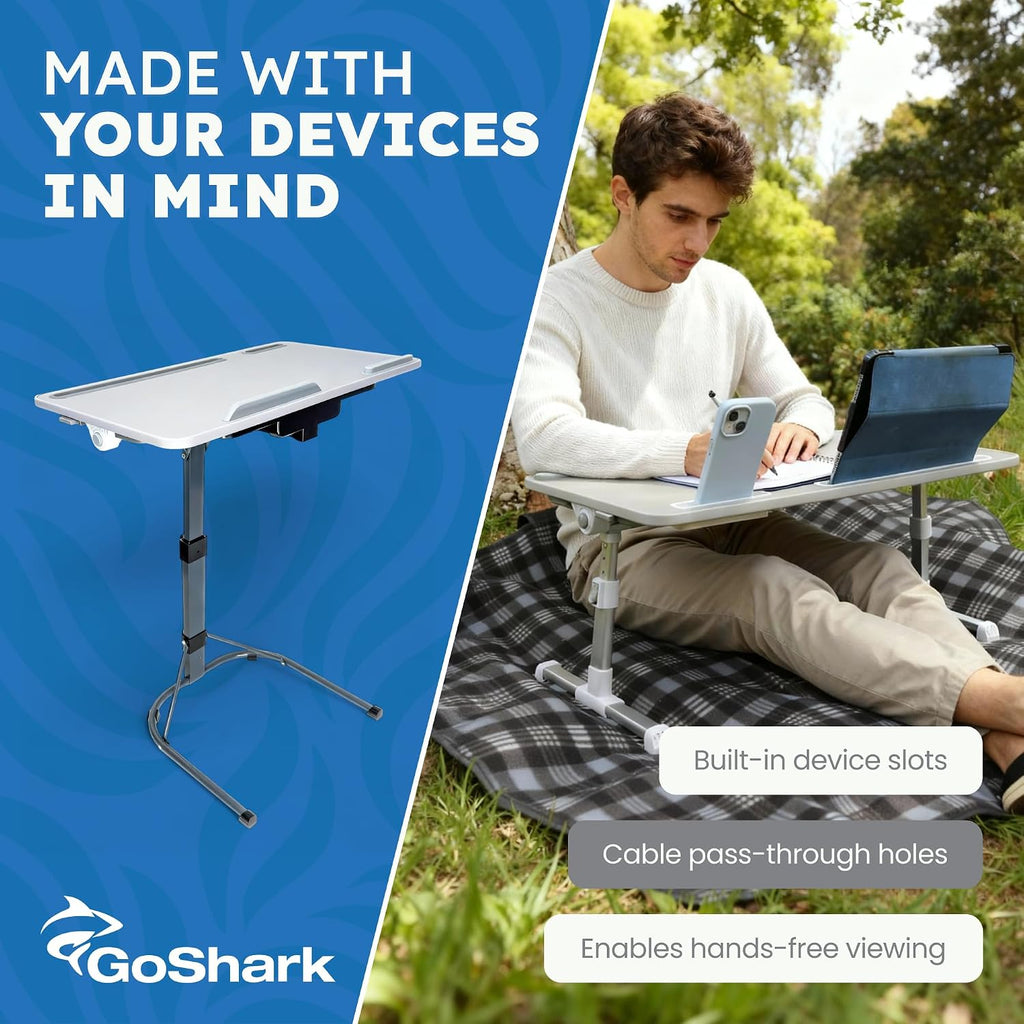 GoShark Lite 2-in-1 Laptop Bed Desk & TV Tray Table for Couch - Portable Foldable Stand with Adjustable Height & Angle for Work, Dining, Study - Detachable with Secondary Surface & Device Slots