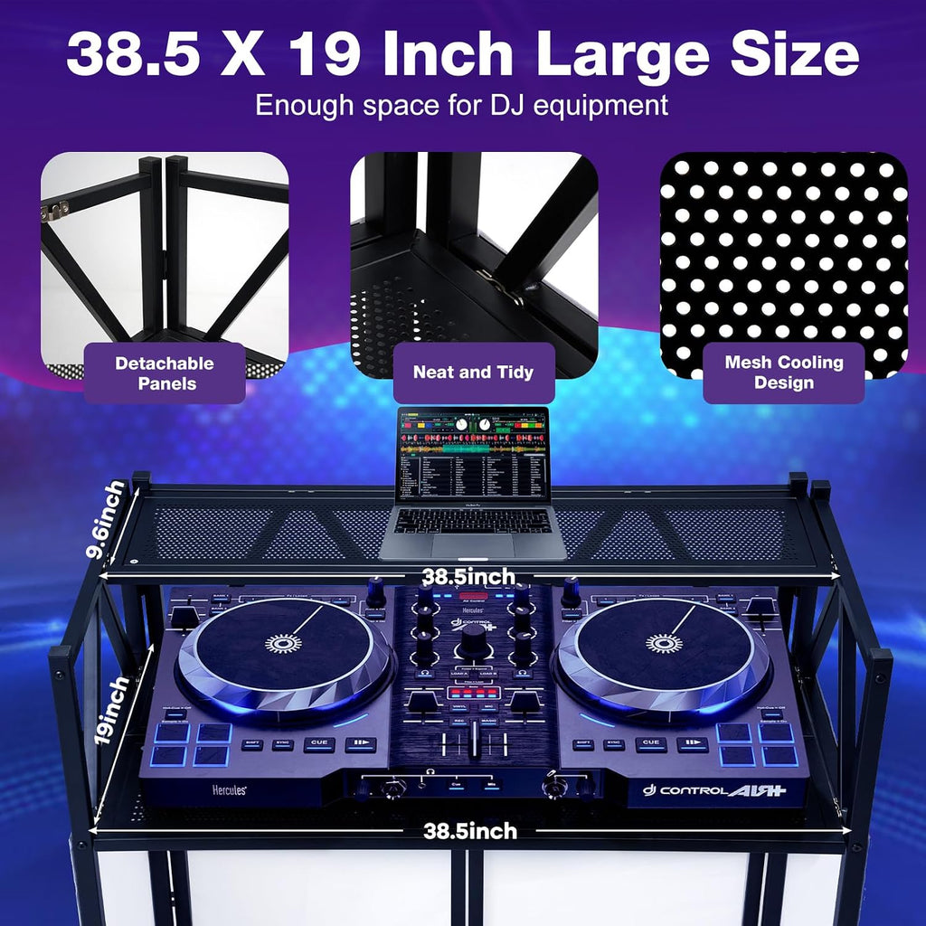 Portable DJ Booth Table,Foldable DJ Table Stand with White & Black Scrim,Adjustable DJ Facade Booth Station Metal Frame with Cable Hole for Private Events, Clubs, Bars (Double Deck)