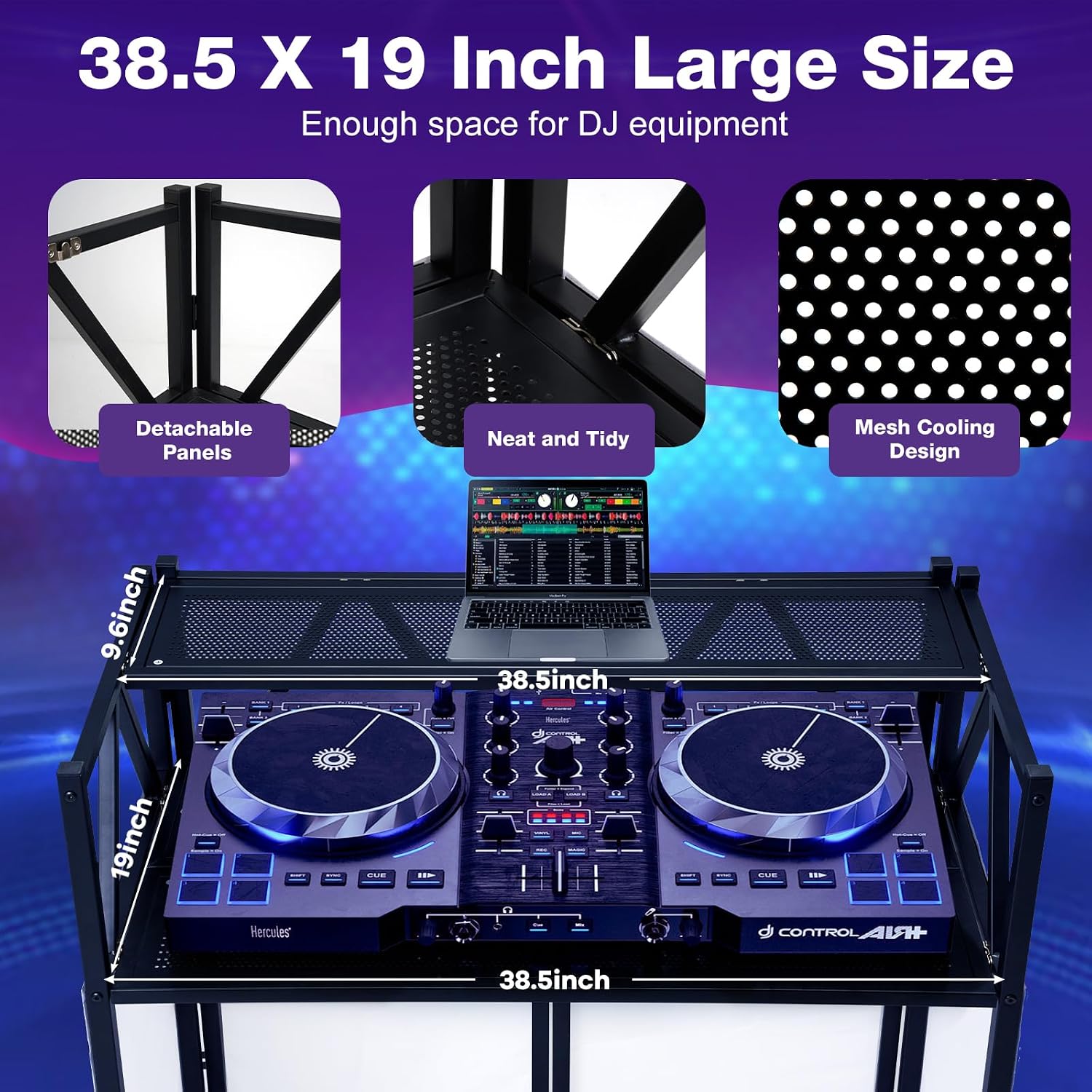 Portable DJ Booth Table,Foldable DJ Table Stand with White & Black Scrim,Adjustable DJ Facade Booth Station Metal Frame with Cable Hole for Private Events, Clubs, Bars (Double Deck)