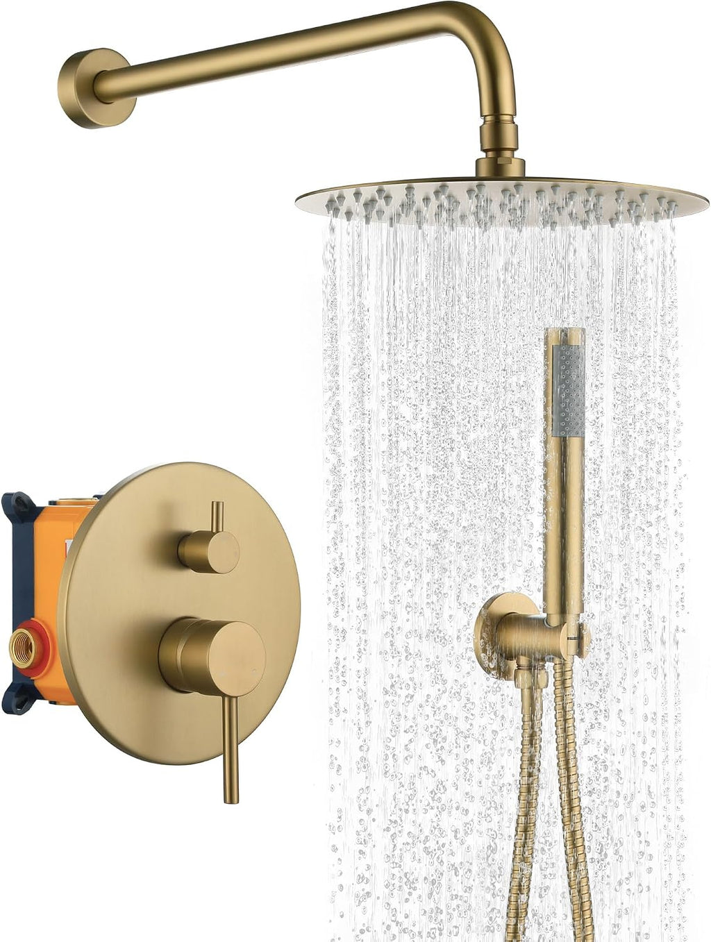 MONDAWE Round Shower Faucet Set, Wall Mounted Shower System 10 Inch Rainfall Shower Head with Handheld Combo, Brushed Gold High Pressure Rainfall Shower Set -Valve Included