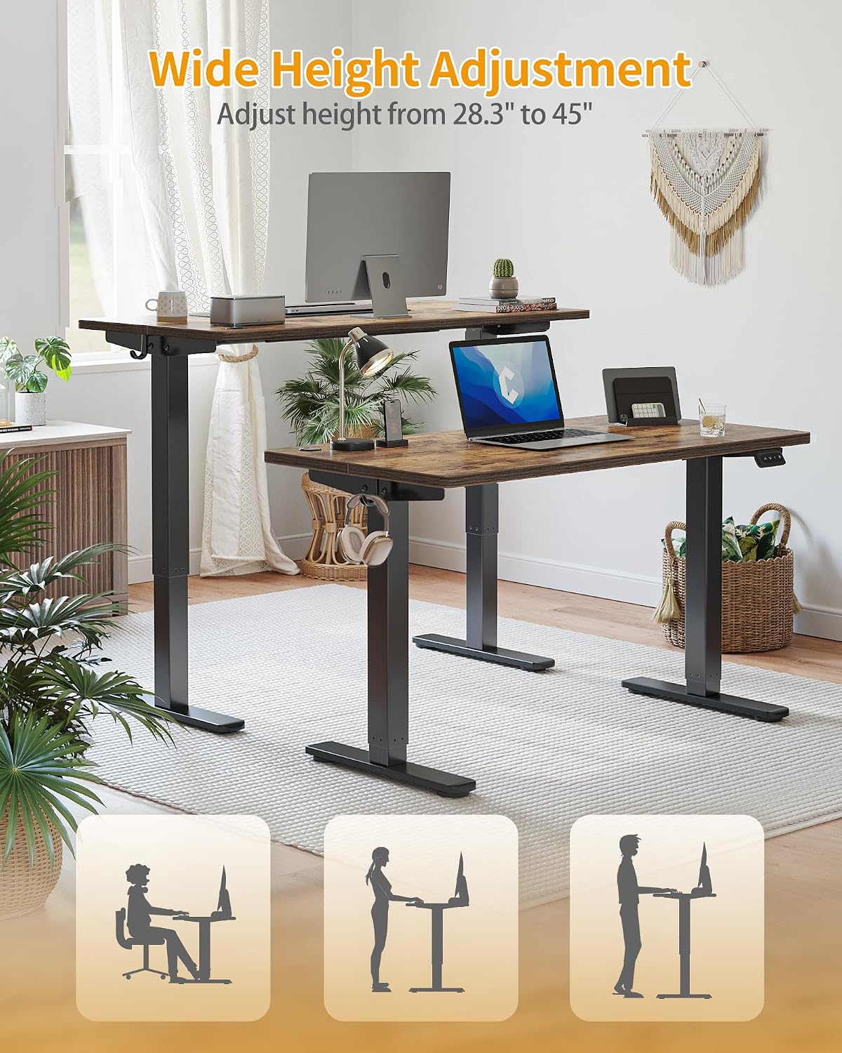 CubiCubi Electric Standing Desk, 55 x 24 Inches Height Adjustable Sit Stand Desk, Ergonomic Home Office Computer Workstation, Rusticbrown