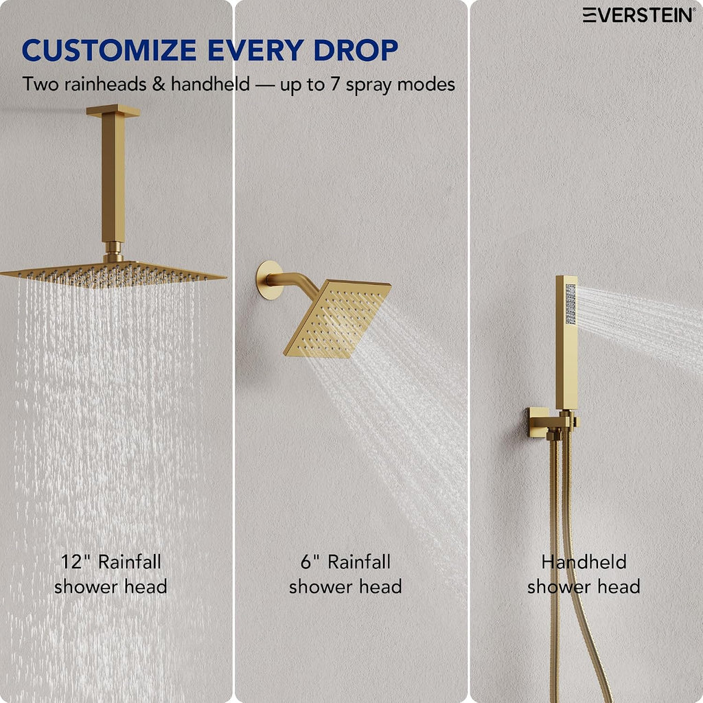Ceiling Mount 12' High-Pressure Rainfall Shower Faucet, Dual Rainfall Shower Head System with Valve (Brushed Gold)