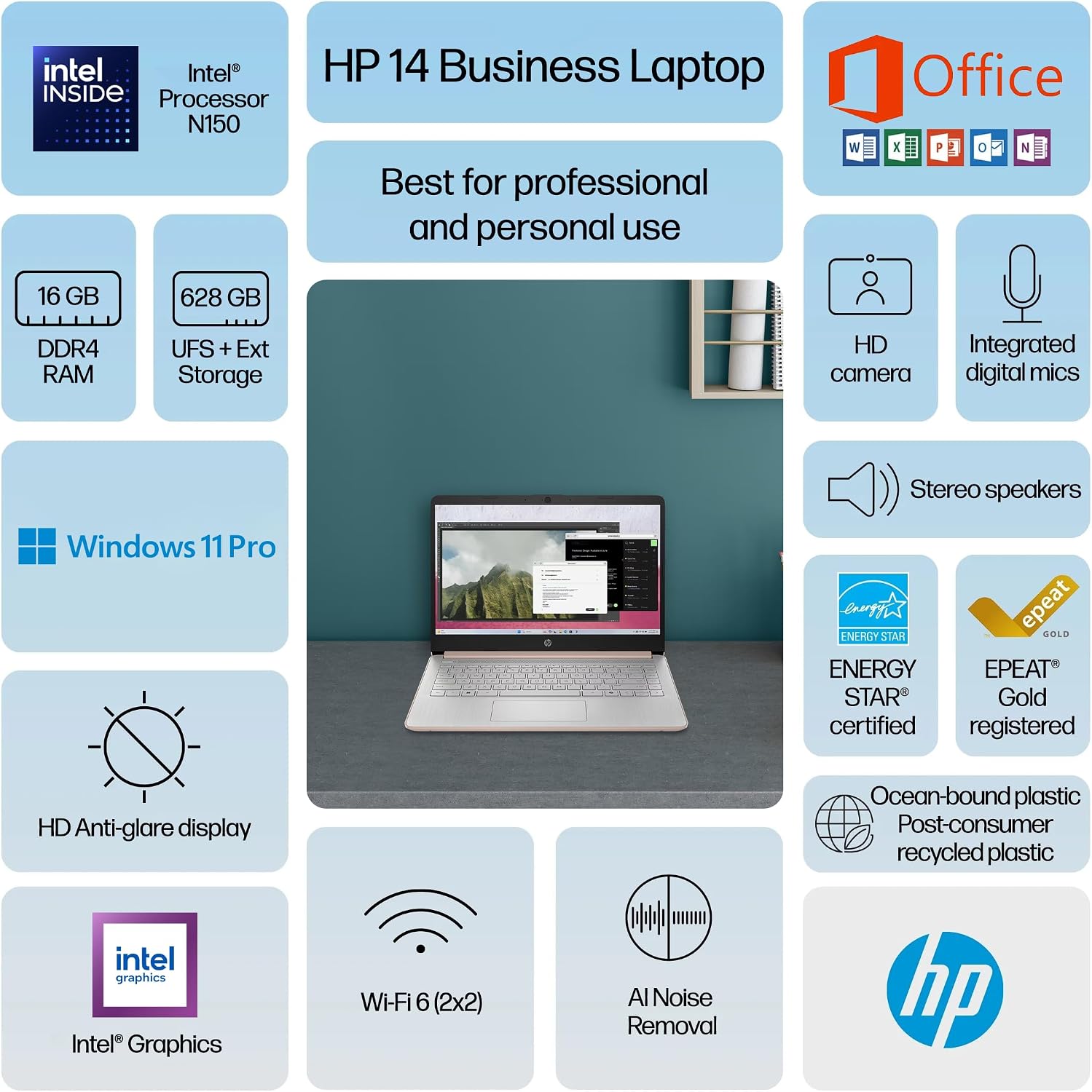 HP 14' Laptop 2025 Business Student Slim Computer, Lifetime MS Office, Copilot AI, Quad-Core Intel CPU, 16GB RAM, 628GB Storage (128GB UFS+500GB Ext), MarxsolAccessory, Wi-Fi 6, Win 11 Pro, Rose Gold
