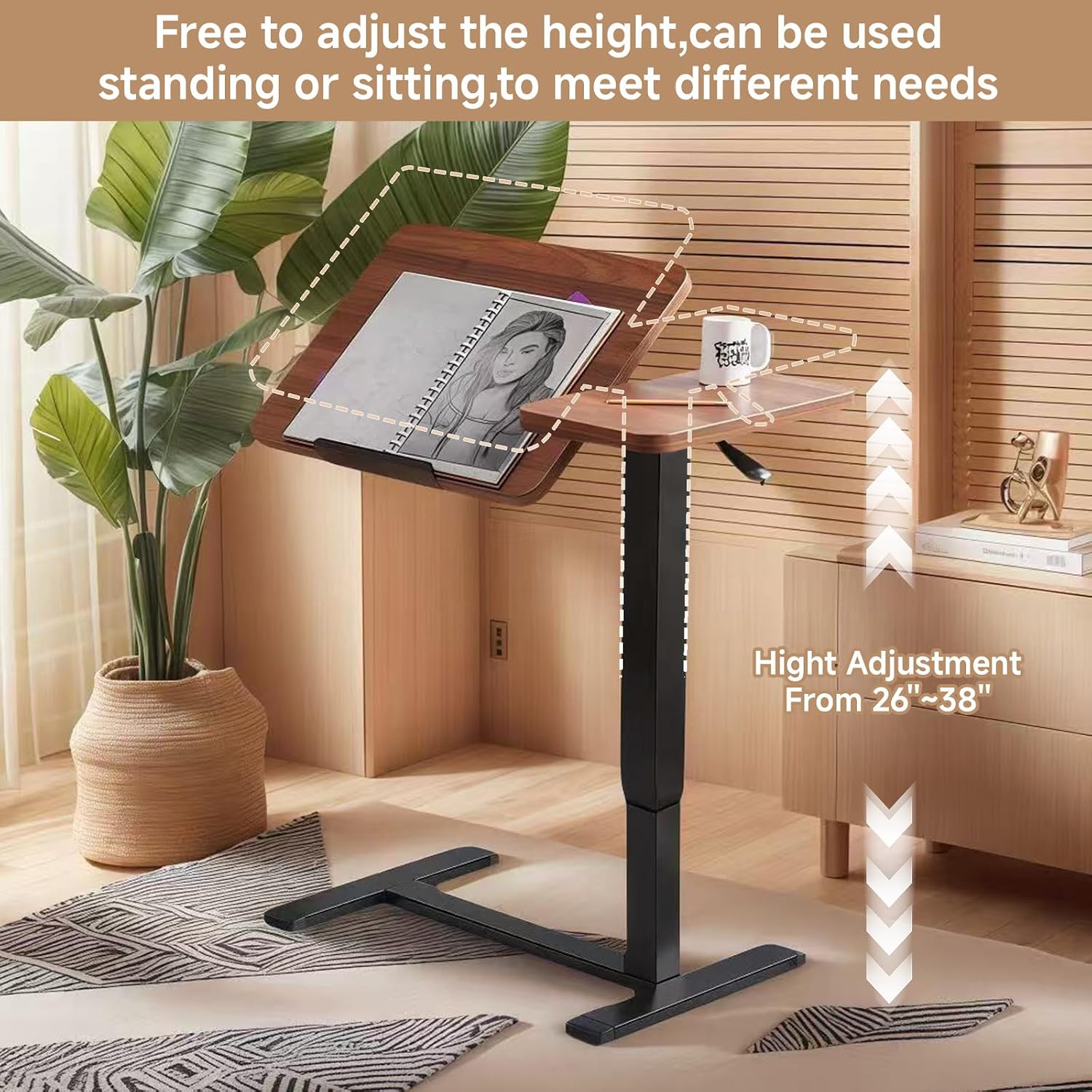 Upgraded Overbed Bedside Desk with Hidden Wheels, Height Adjustable Rolling Laptop Stand with Extended Front Stopper, Tilting Over Bed Table for Bed Sofa, Walnut