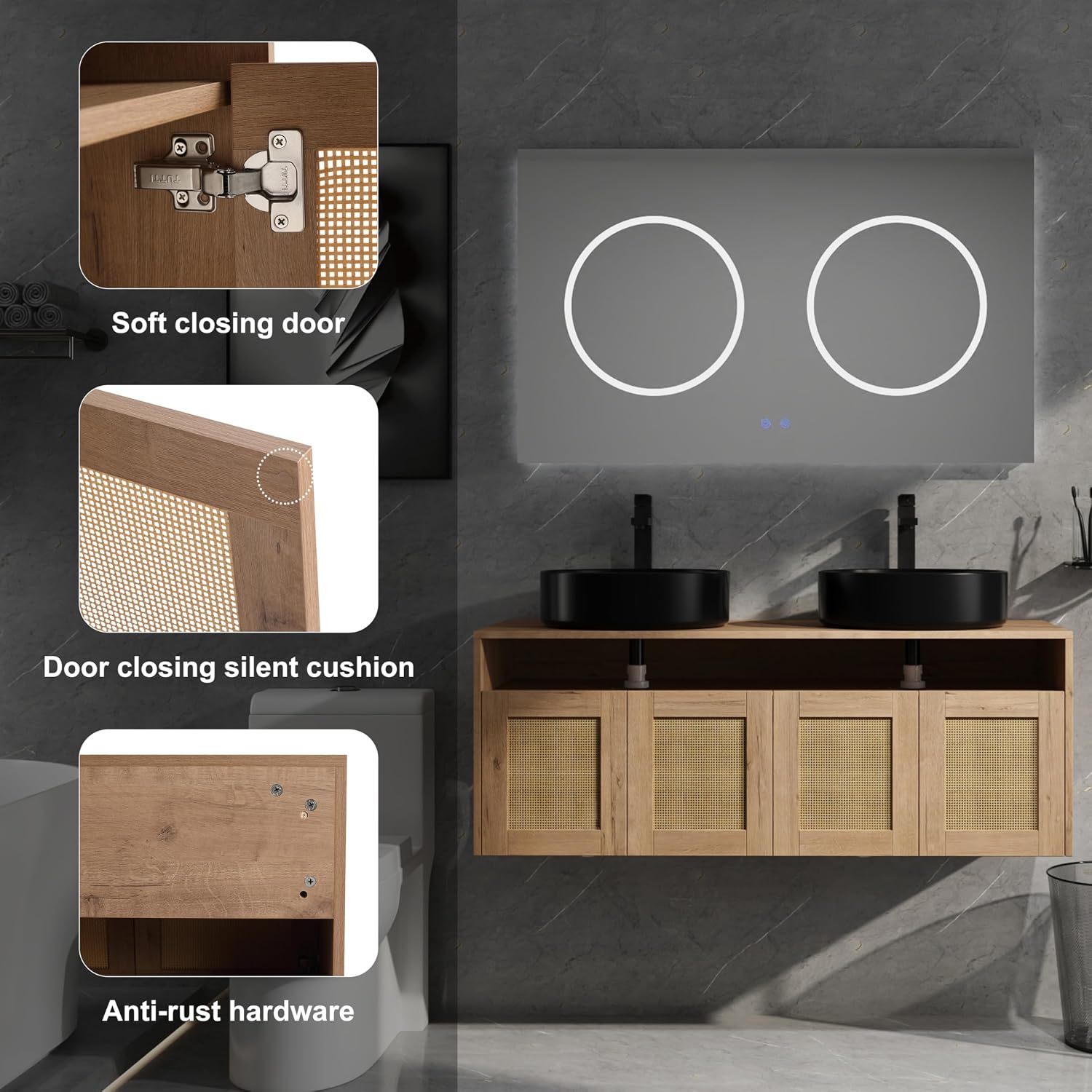 48'' Floating Bathroom Vanity, Double Sink Bathroom Vanity, Black Ceramic Double Vanities Sink for Bathrooms with Soft Close Doors, Modern Bathroom Sink Cabinet, Plywood, Imitative Oak