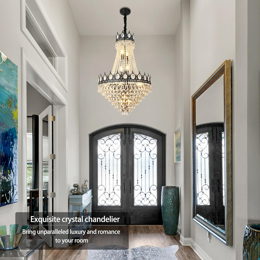 KoKo&Yukina Black 23.6' French Empire Crystal Chandelier - 14 Lights K9 Modern Farmhouse Adjustable Hanging Light for Living Room, Dining Room, Bedroom