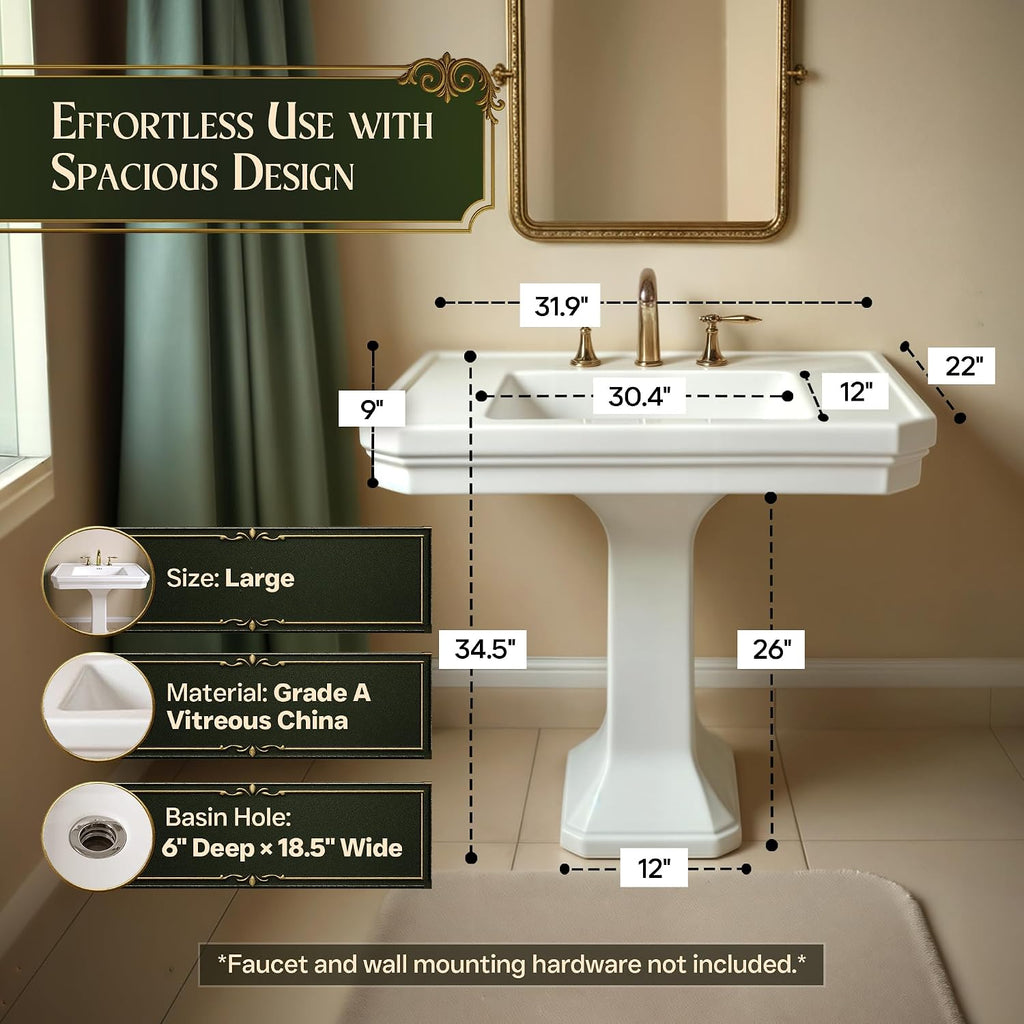 Renovators Supply Manufacturing Victorian 32' W x 34.5' H x 22' Proj. Large White Bathroom Pedestal Sink, Vitreous China, with Overflow, Compatible with 8 in. Widespread Faucets