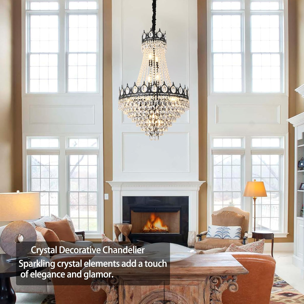 KoKo&Yukina Black 23.6' French Empire Crystal Chandelier - 14 Lights K9 Modern Farmhouse Adjustable Hanging Light for Living Room, Dining Room, Bedroom