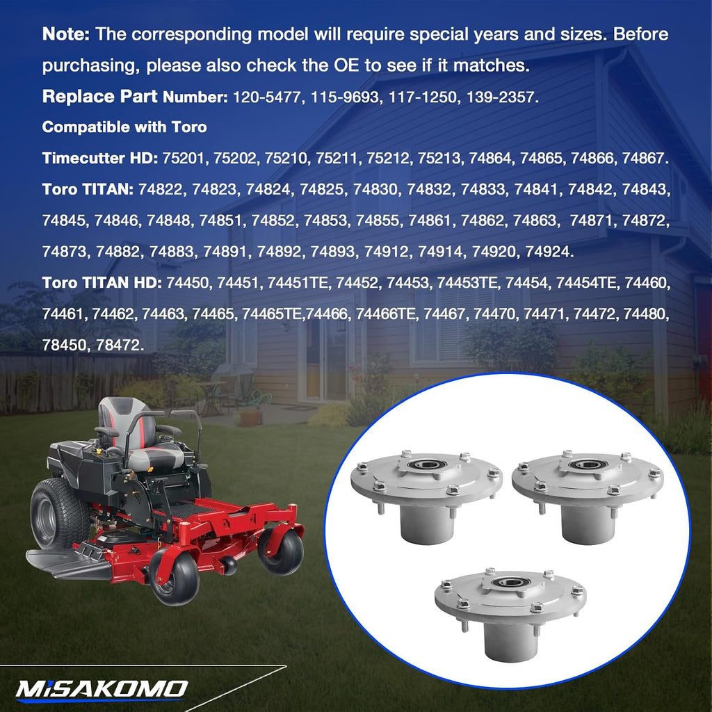 3 pcs Lawn Mower Deck Blade Spindle Assembly Compatible with Toro Z-Master Zero Turn ZTR Riding Lawn Mower Titan HD TimeCutter HD Replace 120-5477 115-9693 117-1250