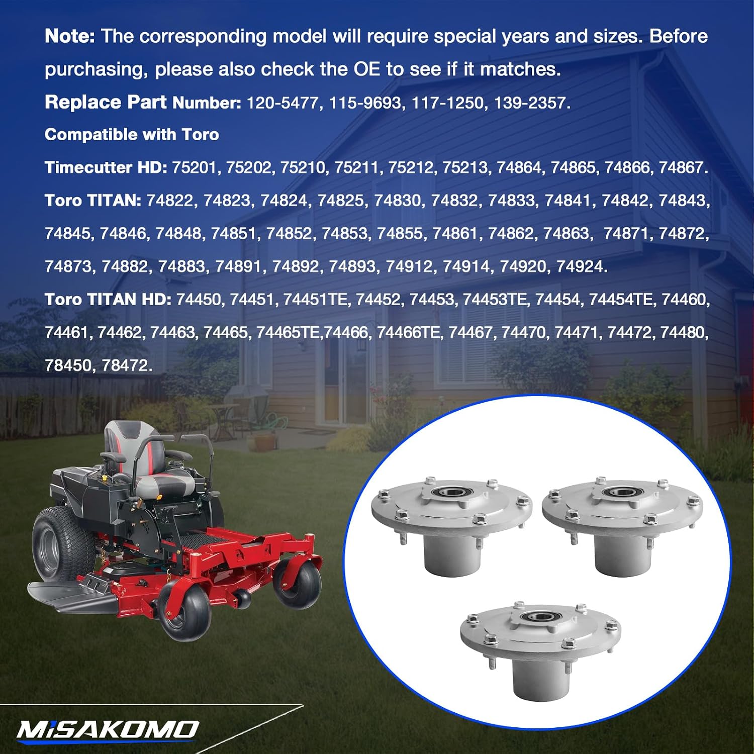 3 pcs Lawn Mower Deck Blade Spindle Assembly Compatible with Toro Z-Master Zero Turn ZTR Riding Lawn Mower Titan HD TimeCutter HD Replace 120-5477 115-9693 117-1250