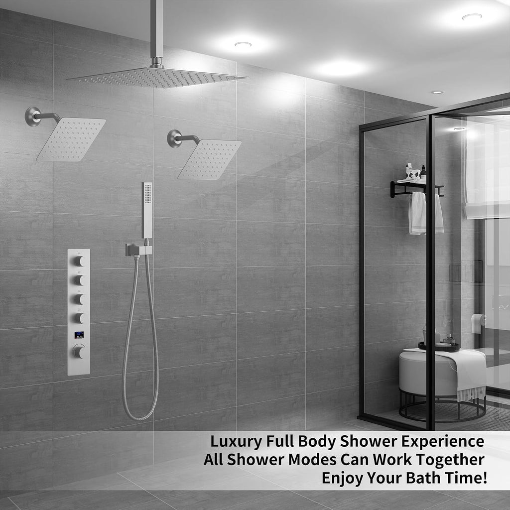 Brushed Nickel Shower System with 3 Rain Shower Head(12+8+8 inch), Handheld Spray, 4 Way Smart Temperature Display Shower Faucet set