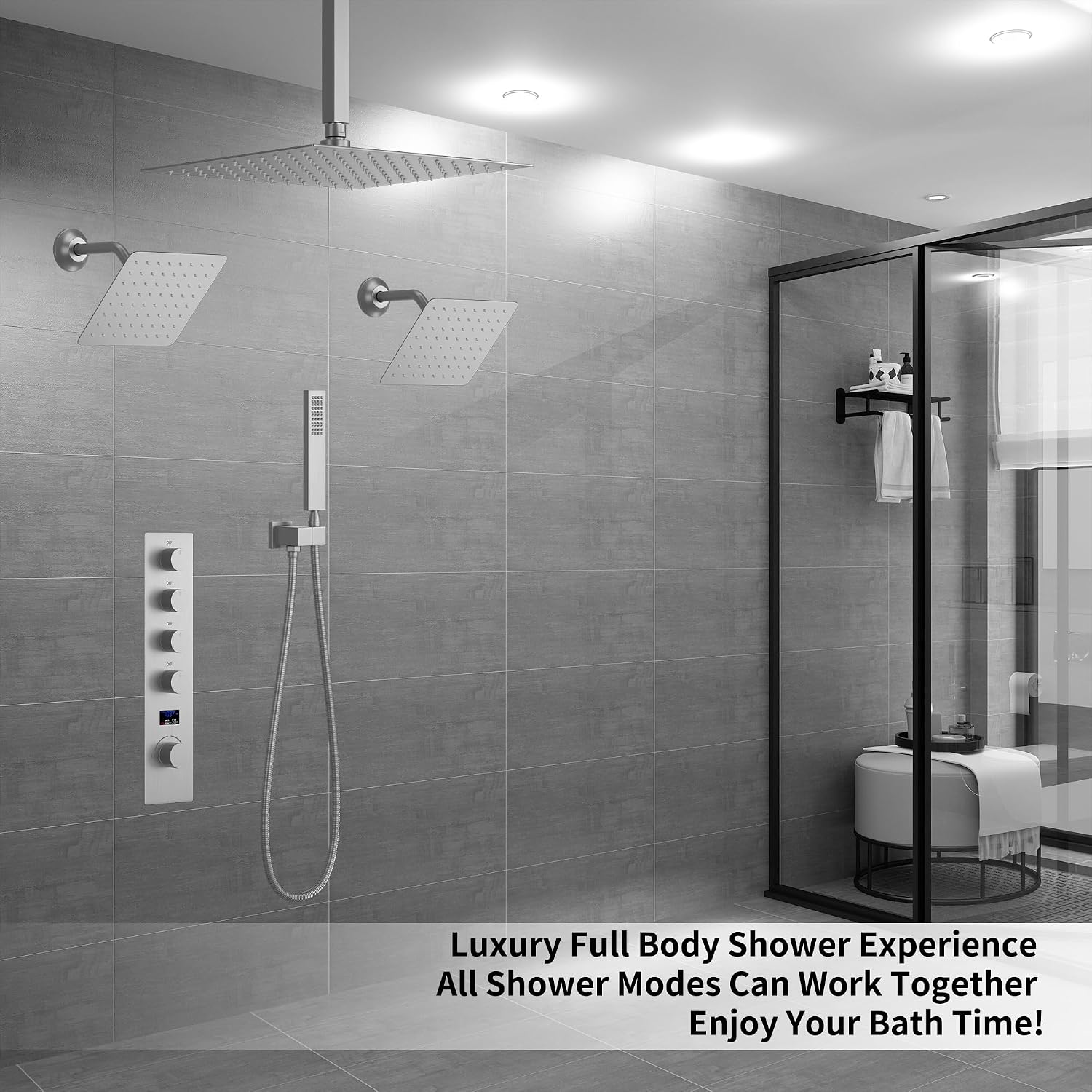 Brushed Nickel Shower System with 3 Rain Shower Head(12+8+8 inch), Handheld Spray, 4 Way Smart Temperature Display Shower Faucet set
