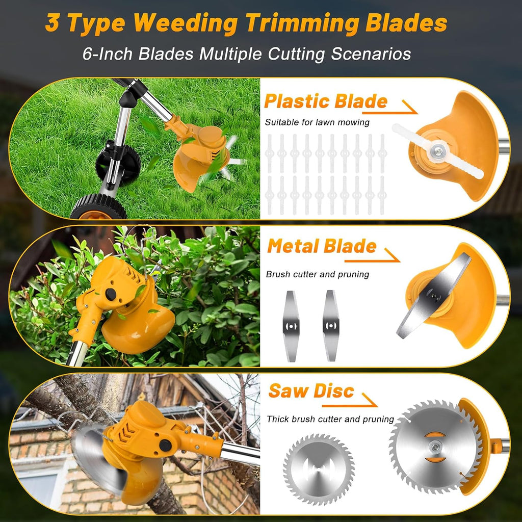 20000 RPM Electric Weed Wacker Cordless Weed Eater Battery Powered 21V, 4-in-1 Brush Cutter/String Trimmer/Grass Trimmer/Lawn Mower, 6″ Edger Stringless Weed Trimmer with Wheel & Blade,2 Battery