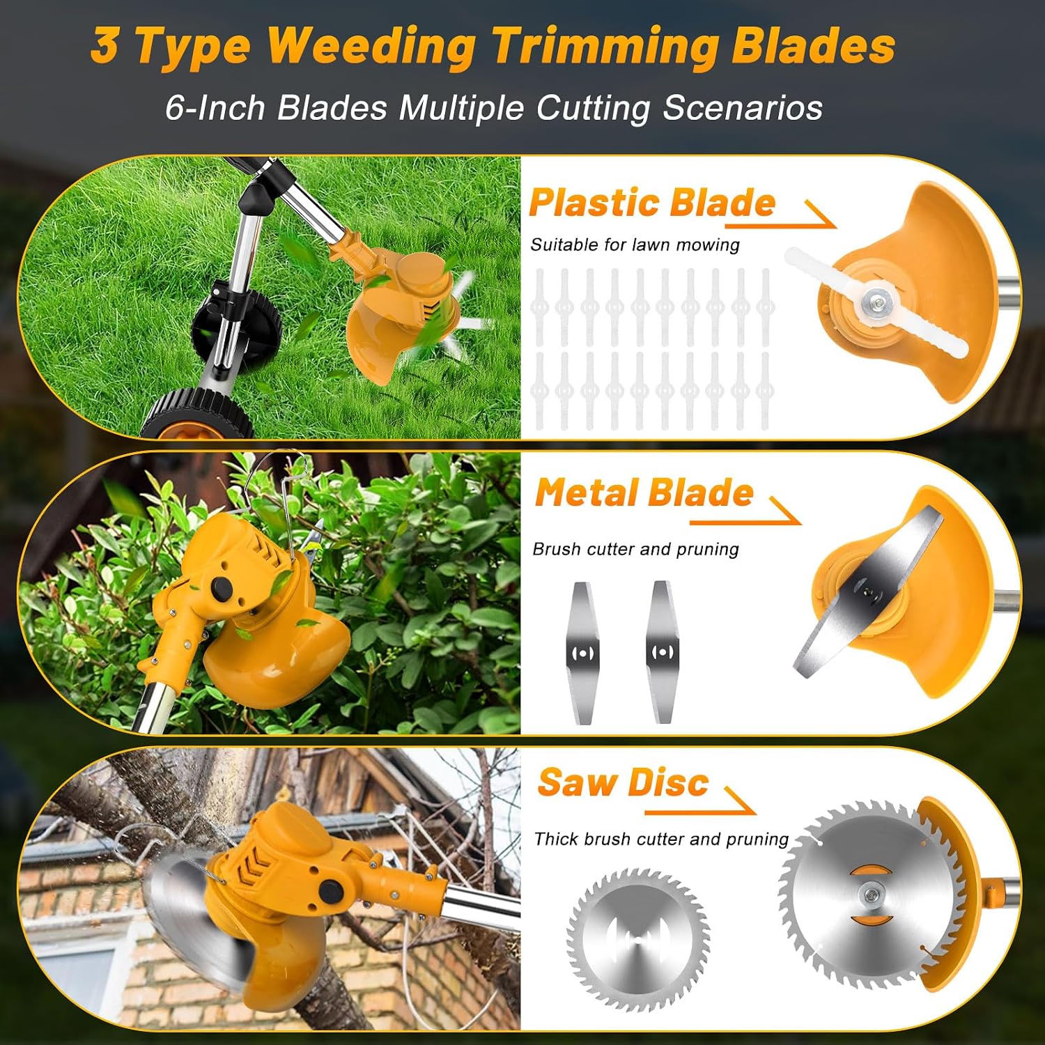 20000 RPM Electric Weed Wacker Cordless Weed Eater Battery Powered 21V, 4-in-1 Brush Cutter/String Trimmer/Grass Trimmer/Lawn Mower, 6″ Edger Stringless Weed Trimmer with Wheel & Blade,2 Battery
