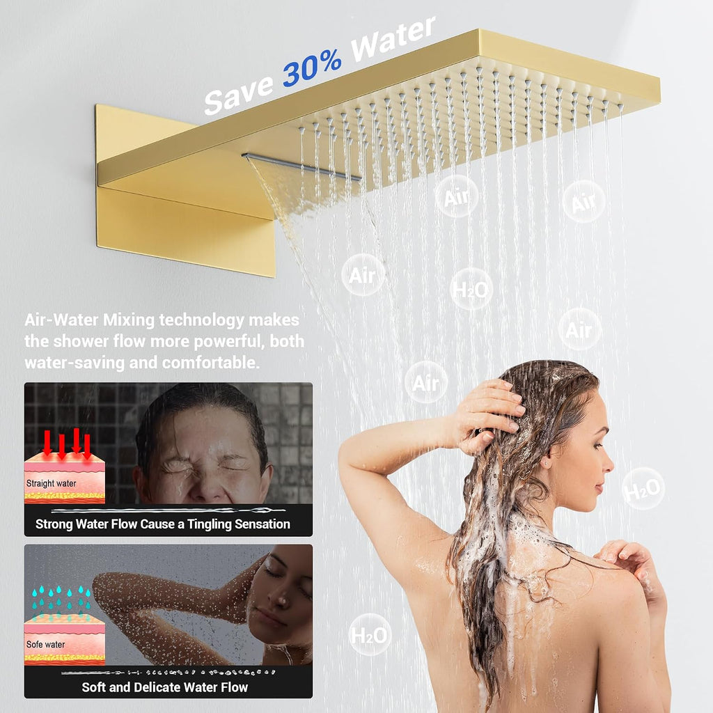Thermostatic Shower System 22-Inch Rain & Waterfall Large Shower Head, Brushed Gold Luxury Shower Faucet Set with High Pressure Handheld Sprayer, Wall Mount Shower Fixtures Include Valve