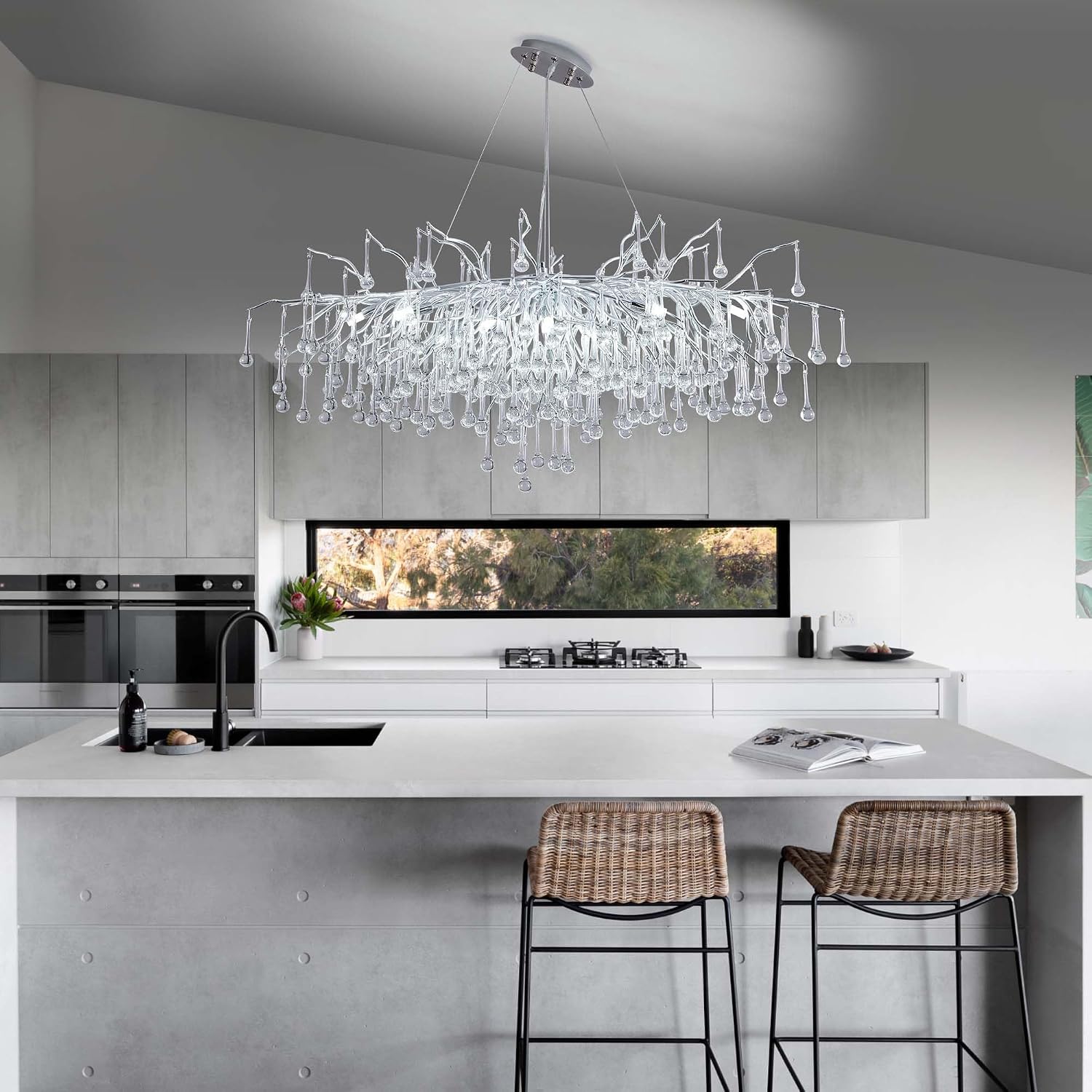Modern Crystal Raindrop Chandelier, L40'' Silver Linear Rectangle Art Deco Tree Branch Lighting Fixture for Kitchen Island Living Room Foyer Staircase 10 Lights