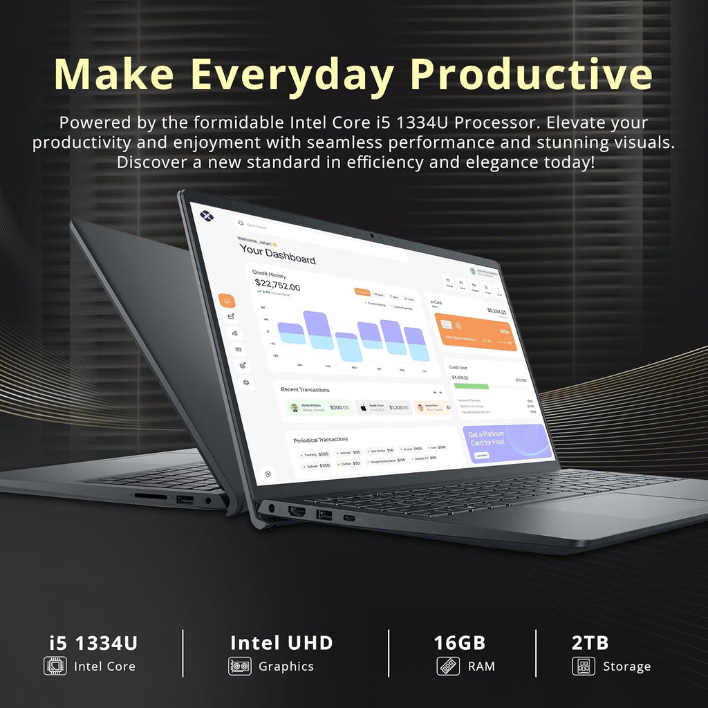 Dell 15.6' FHD Touchscreen Laptop, Intel Core i5-1334U, 16GB RAM, 2TB Storage (1TB SSD + 1TB Docking Station Set), Intel UHD Graphics, Numeric Keypad, 720p Camera, Copilot, Wi-Fi 6, Windows 11, Black