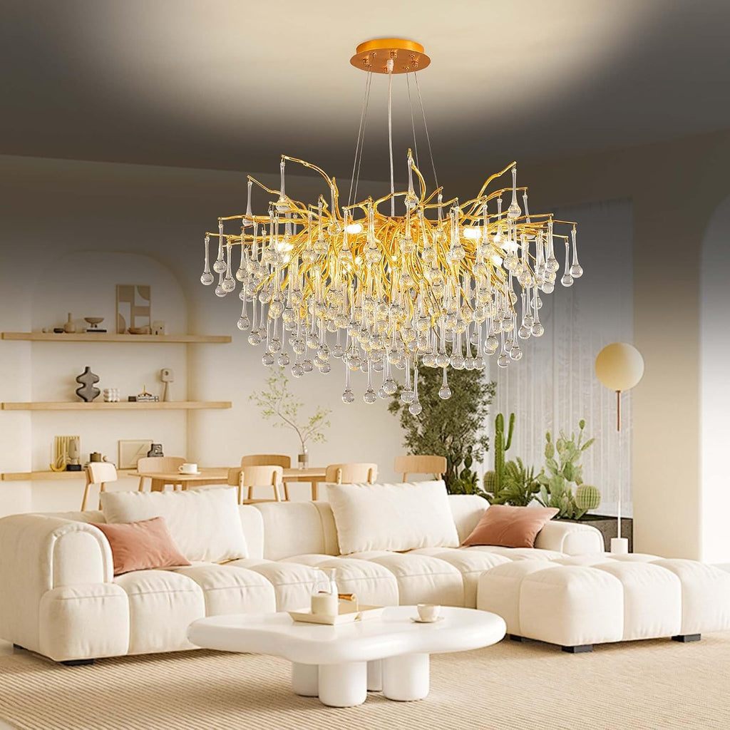 Modern Crystal Raindrop Chandelier, Gold Round Art Deco Tree Branch Lighting Fixture for Dining Room Living Room Foyer 13 Lights D31.5''