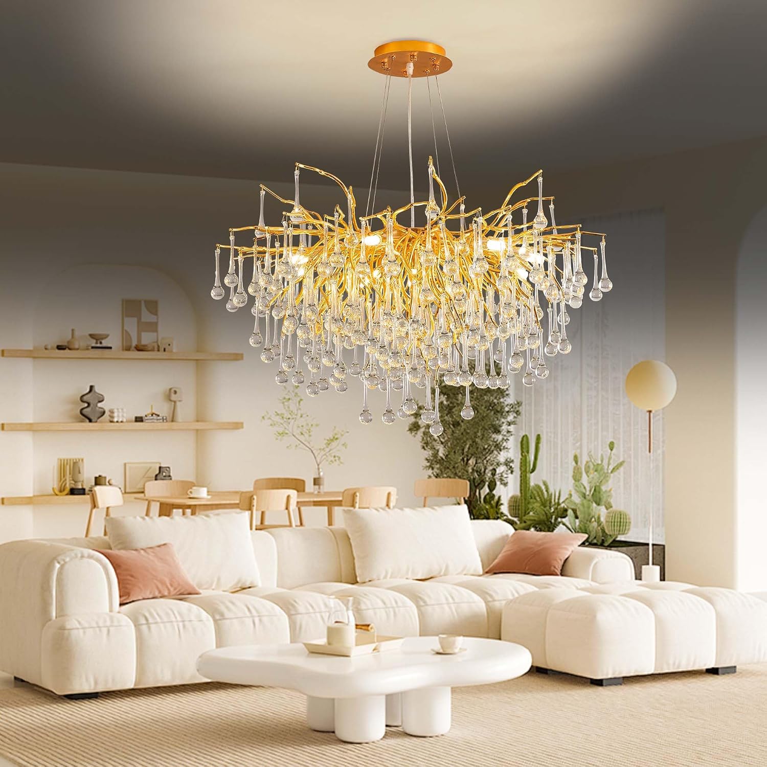 Modern Crystal Raindrop Chandelier, Gold Round Art Deco Tree Branch Lighting Fixture for Dining Room Living Room Foyer 13 Lights D31.5''