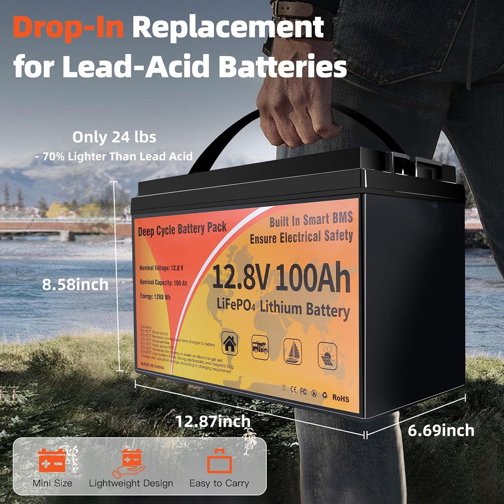 12V 100Ah LiFePO4 Battery, Lithium Battery Group 31 Smart 100A BMS, 15000+ Deep Cycles 10-Year Lifespan Low Temp Protection Lightweight Batteries for Trolling Motor, RVs, Boat, Marine, Yacht, Off-Grid