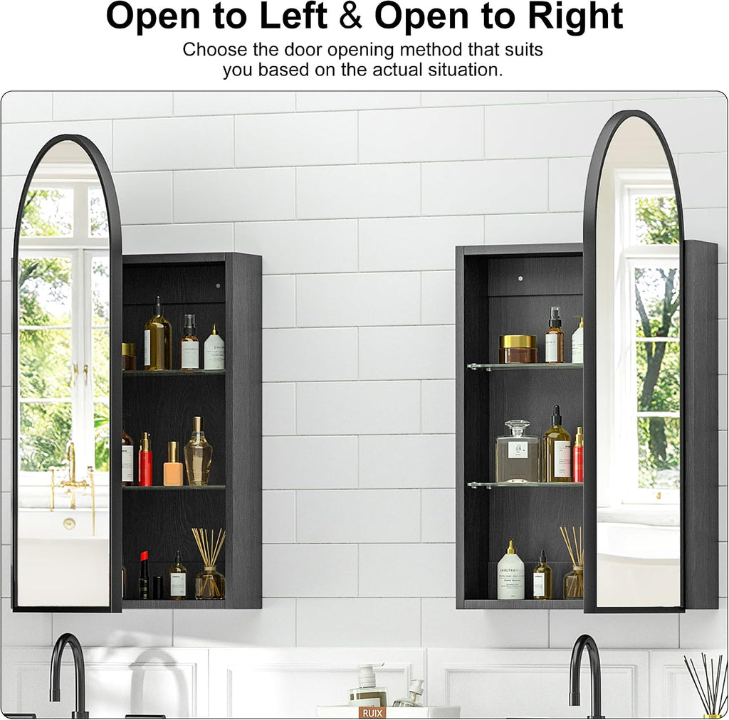 Arched Medicine Cabinet with Mirror, Brushed Black Wall Mounted Bathroom Mirror Cabinet, 3 Adjustable Shelves Storage, Reversible Door Opens Left to Right, Modern Metal Frame, 16 x 30 Inch