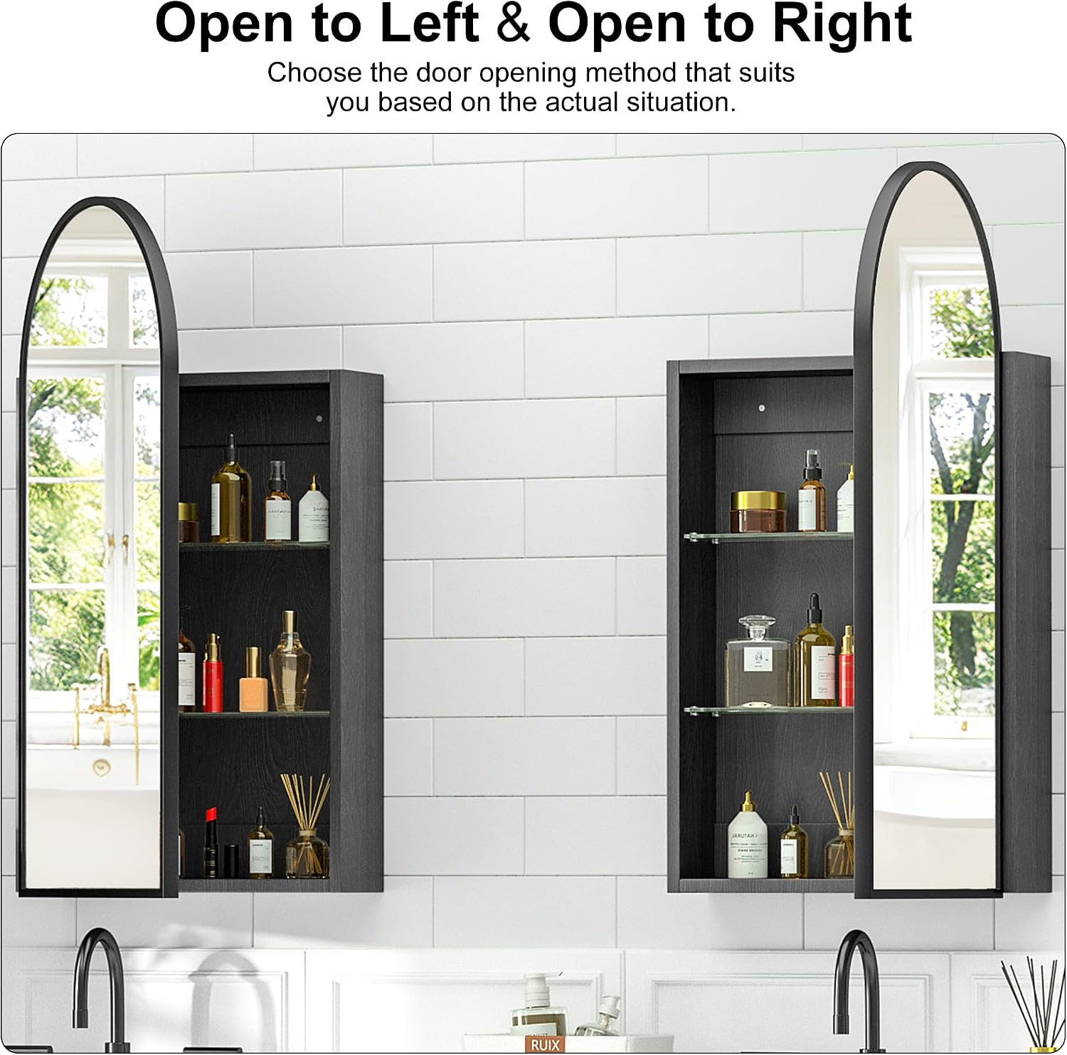 Arched Medicine Cabinet with Mirror, Brushed Black Wall Mounted Bathroom Mirror Cabinet, 3 Adjustable Shelves Storage, Reversible Door Opens Left to Right, Modern Metal Frame, 16 x 30 Inch
