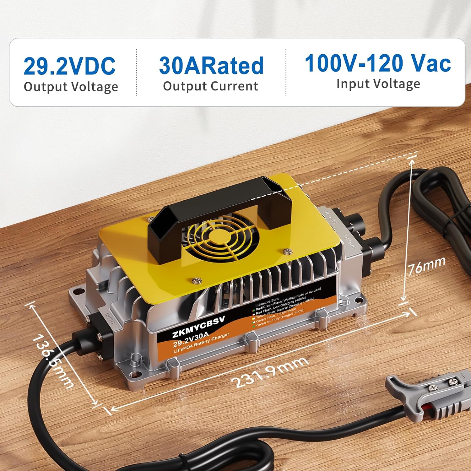29.2V 30A Lithium LiFePO4 Battery Charger，29.2V LifePO4 Battery Charger for 24V LiFePO4 Lithium Deep Cycle Rechargeable Battery, Multi Protections, Support Fast Charging for RV Boat Car Lawn Mower