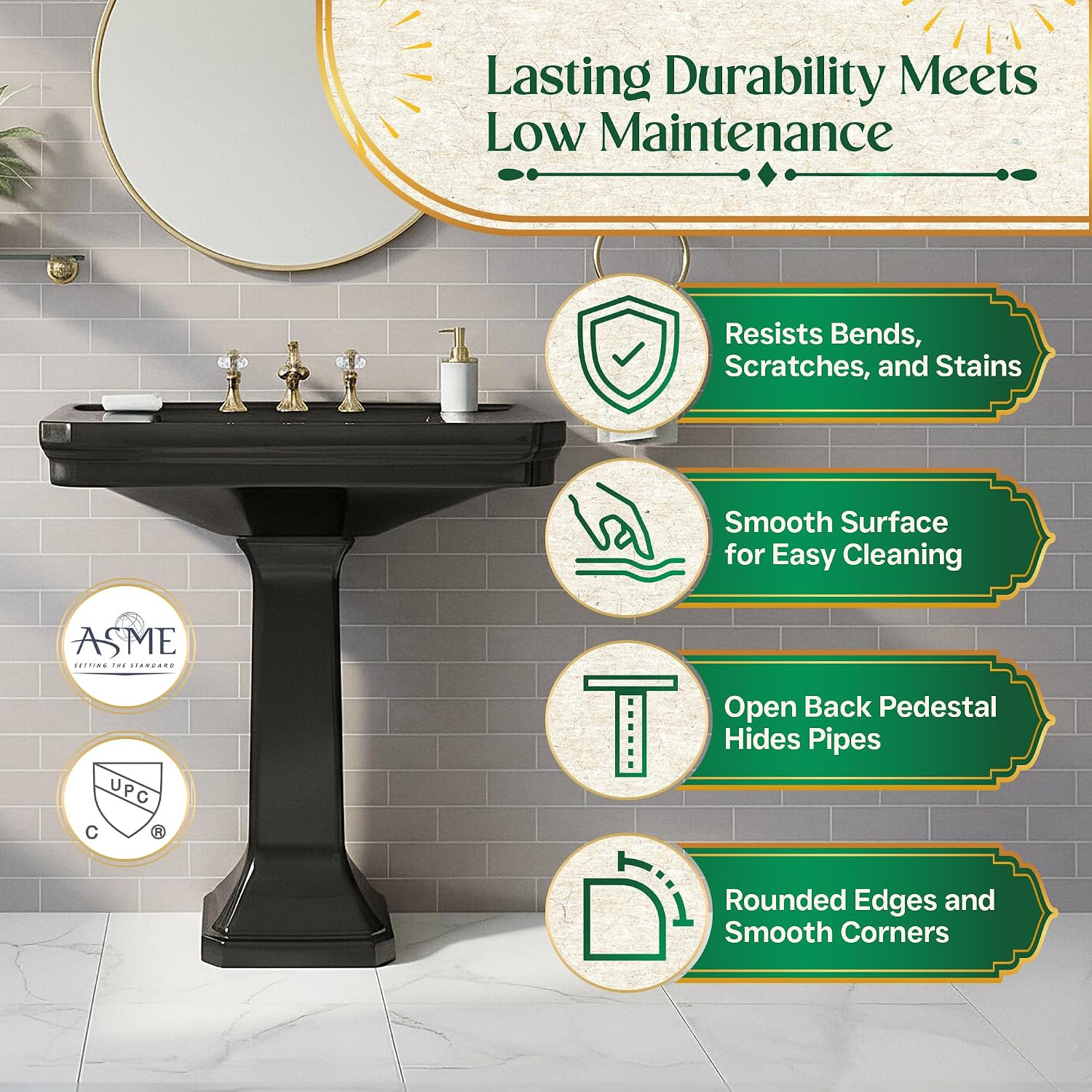 Renovators Supply Manufacturing Victorian 32' W x 34.5' H x 22' Proj. Large Bathroom Black Pedestal Sink, Vitreous China, with Overflow, Compatible with 8 in. Widespread Faucets