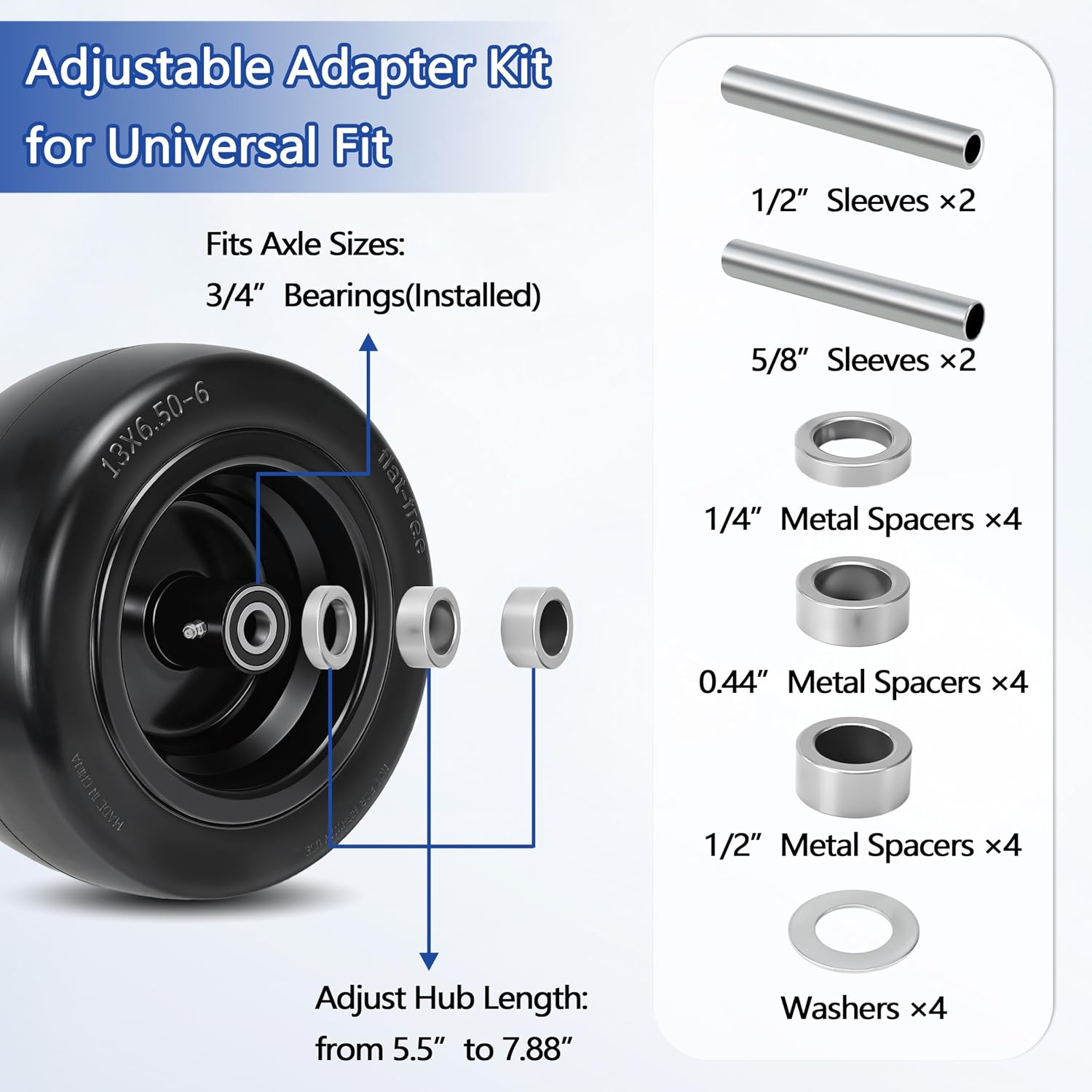 2 Pcs 13x6.50-6 Flat Free Lawn Mower Tire and Wheel, with 3/4' Bearings & Extra 1/2' & 5/8' Sleeves, 5.5'-7.88' Centered Hub, 13x6.5-6 Solid Smooth Front Tire for Zero Turn Lawn Mowers, 500lbs Load