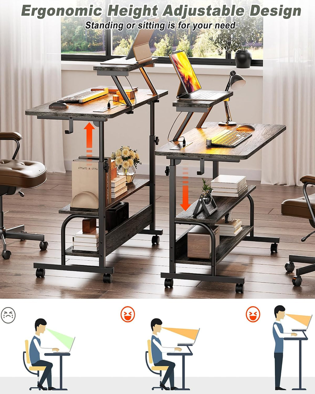 Height Adjustable Standing Desk with Power Outlets and LED Lights - 32' Manual Stand Up Desk with Monitor Stand and Storage Shelves Small Mobile Rolling Computer Desk Portable Laptop Table, Grey Oak