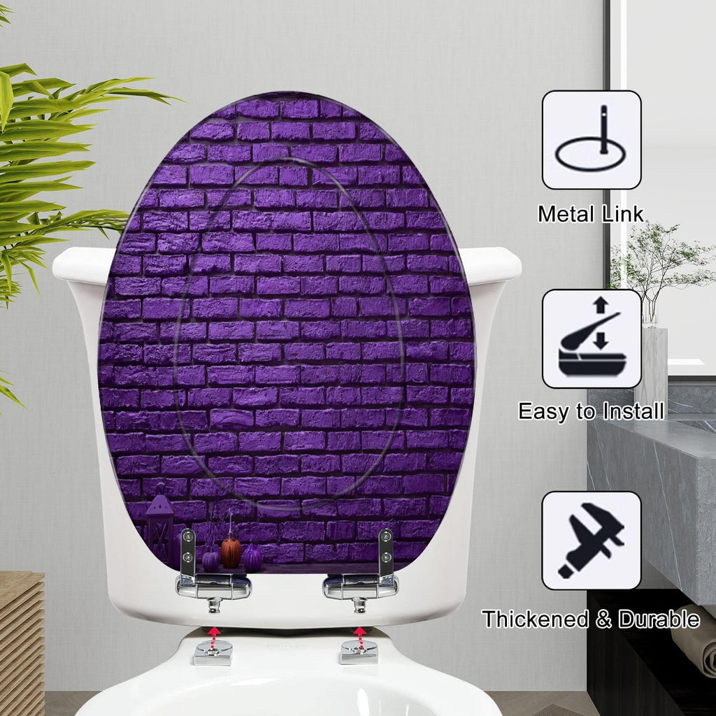 Elongated Toilet Seat Violet brick wall Halloween day Resin Toilet Seat Slow Quiet Close Lid with Quick-Release Hinges Cover Bumpers Easy to Clean Install