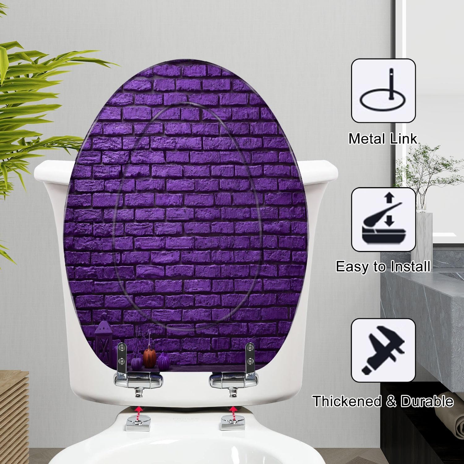 Elongated Toilet Seat Violet brick wall Halloween day Resin Toilet Seat Slow Quiet Close Lid with Quick-Release Hinges Cover Bumpers Easy to Clean Install