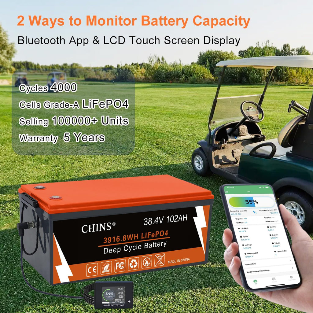 CHINS 36V 102Ah Golf Cart Battery, Built-in Smart 200A BMS, 4000+ Cycles Rechargeable, 36V Lithium Battery Perfect for Golf Cart