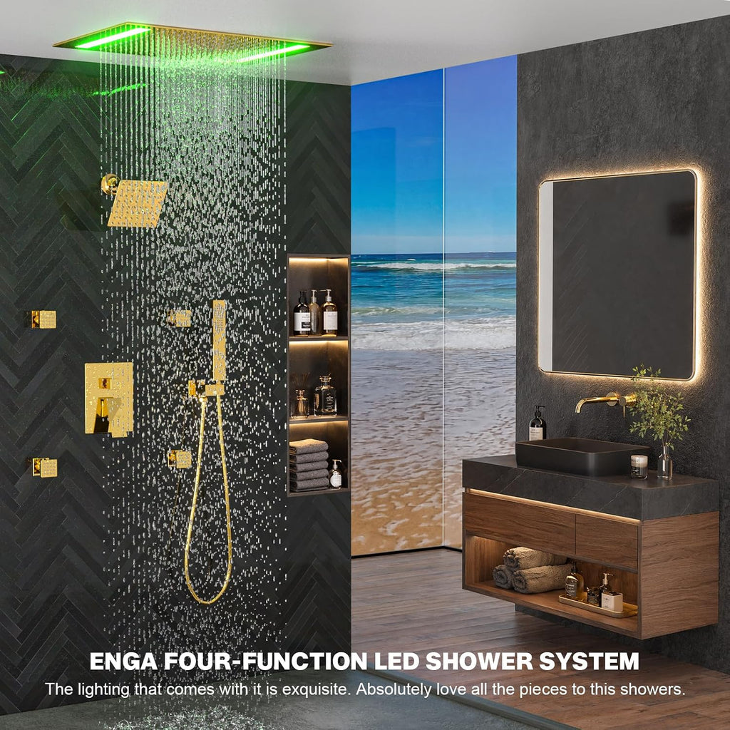 ENGA Bright Gold Dual Rain LED Shower System, 14'x20' Shower Head + 6' Wall Shower, 4 Body Jets with Individual On/Off & Adjustable Water Pressure, Rainfall Shower Faucet Set