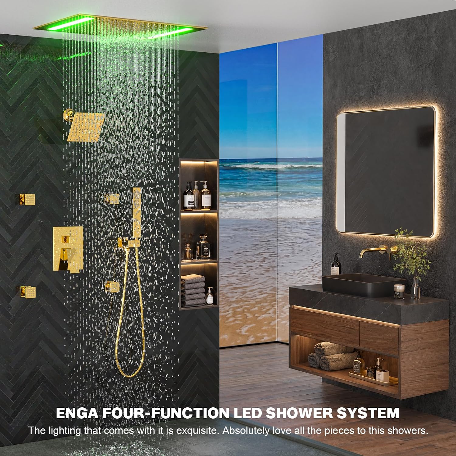 ENGA Bright Gold Dual Rain LED Shower System, 14'x20' Shower Head + 6' Wall Shower, 4 Body Jets with Individual On/Off & Adjustable Water Pressure, Rainfall Shower Faucet Set