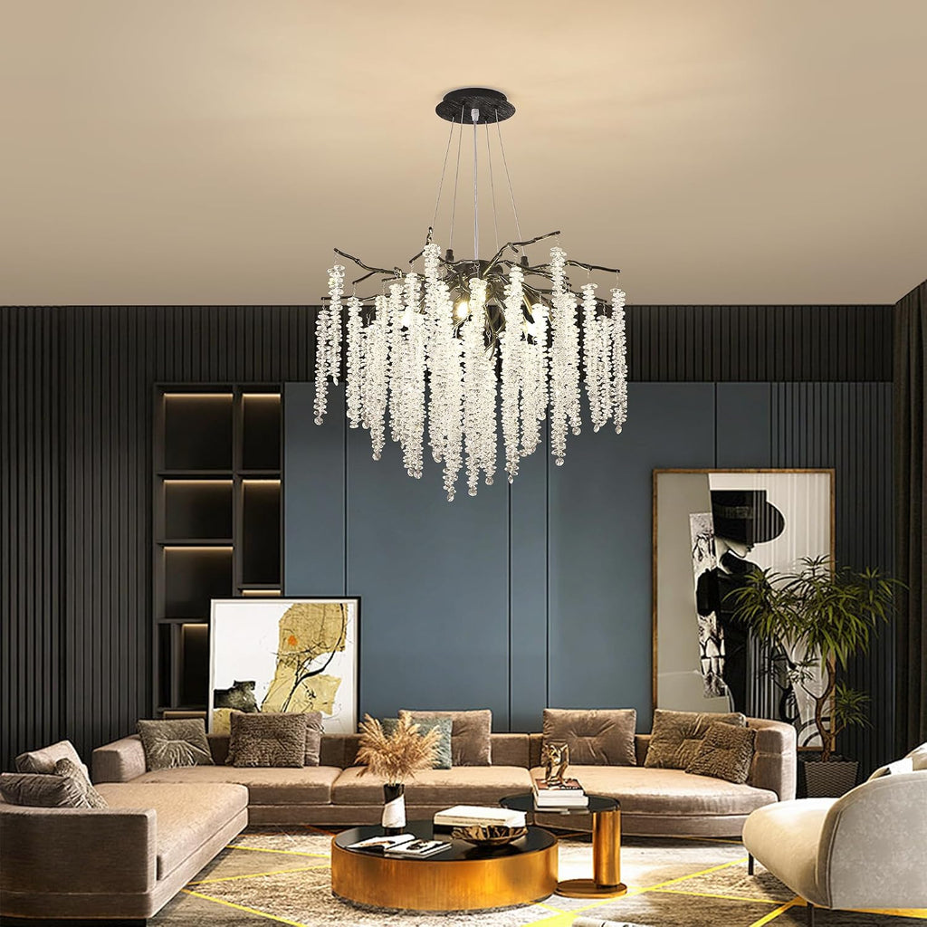 Modern Crystal Tree Branch Chandelier, D31.5'' Black Round Raindrop Indoor Hanging Branch Chandelier Fixture for Dining Room Living Room Bedroom 12 Lights