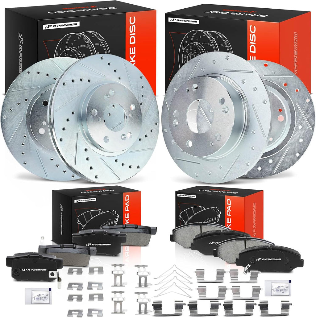 A-Premium Front and Rear Drilled and Slotted Disc Brake Rotors + Ceramic Pads Kit Compatible with Select Honda Models - Accord 2003 2004 2005 2006 2007, 2.4L, 4-Wheel Disc Brakes, 12-PC Set
