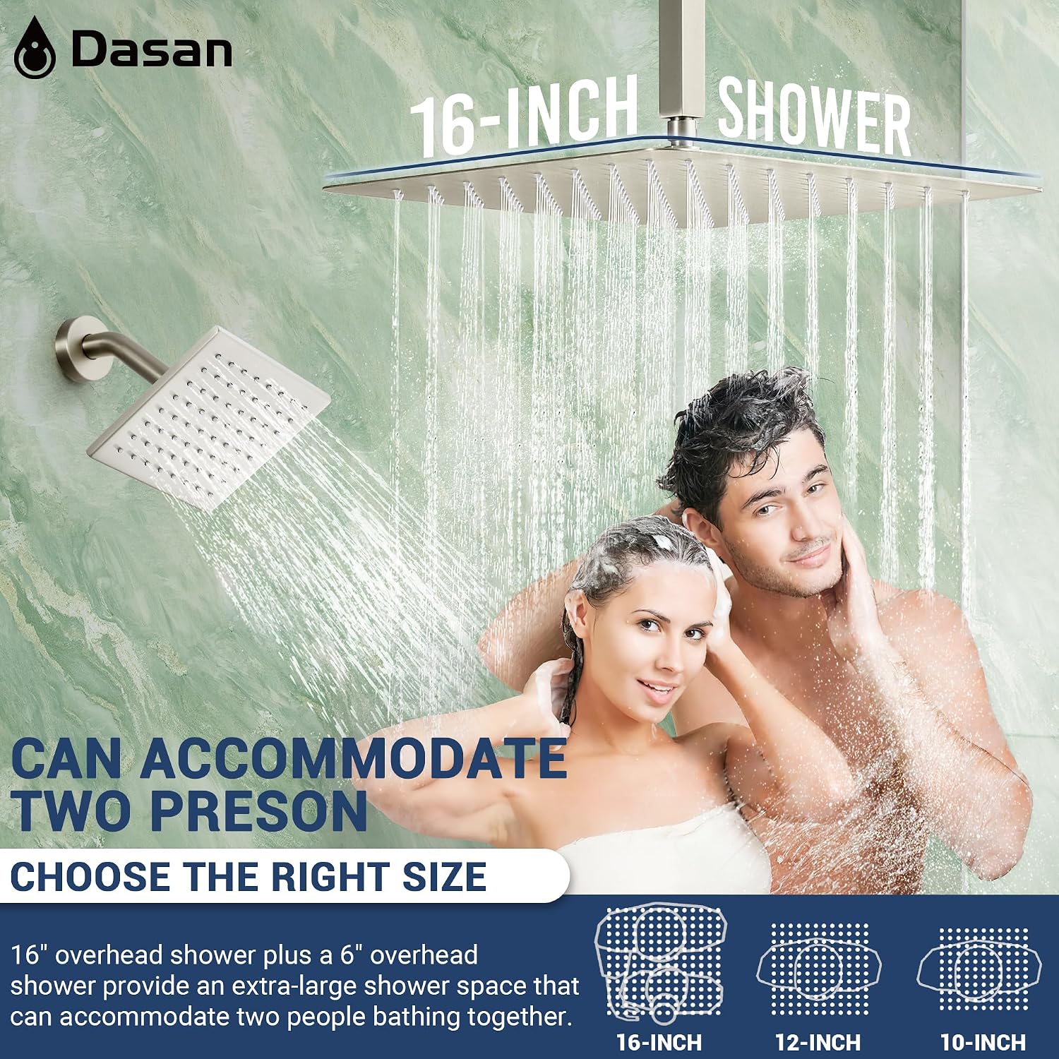 Dasan Thermostatic Dual Shower Head System with 6 Body Jets, 6-Inch Shower & 16' Rainfall Shower, Luxury Brushed Nickel Shower Faucet Set Tandem Rain Shower Head System for Couples/ 2-Person