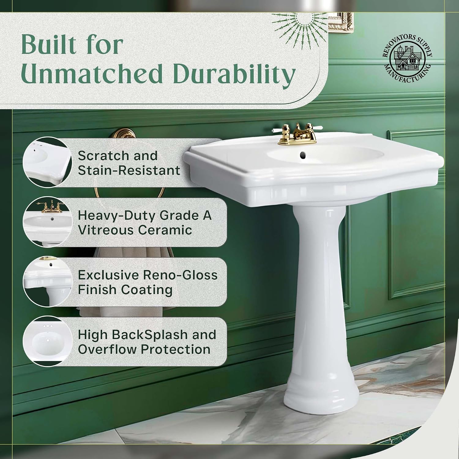 Renovators Supply Manufacturing Darbyshire 34'W x 22.5' D x 32' H Large Bathroom Pedestal Sink. Vitreous China with Overflow, 4 in. Centerset Faucets