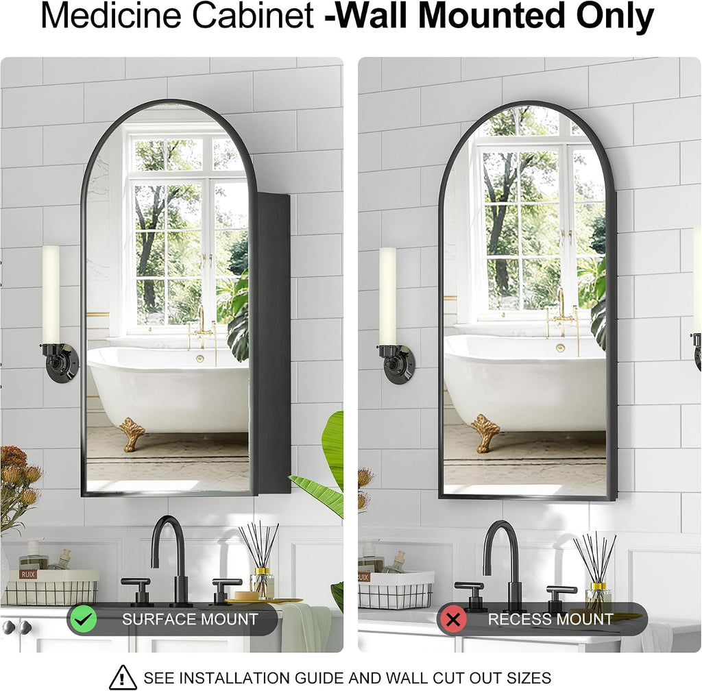 Arched Medicine Cabinet with Mirror, Brushed Black Wall Mounted Bathroom Mirror Cabinet, 3 Adjustable Shelves Storage, Reversible Door Opens Left to Right, Modern Metal Frame, 16 x 30 Inch