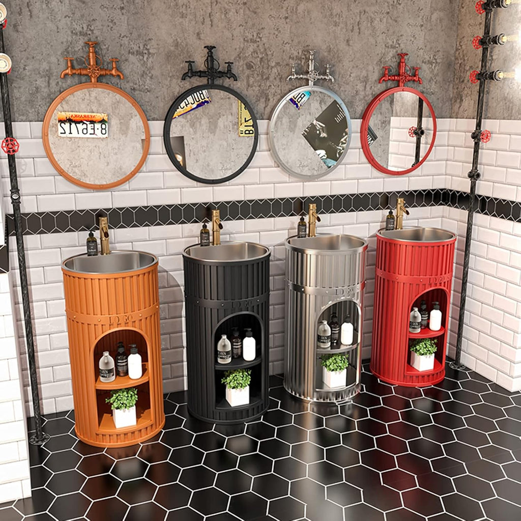 16 Inch Small Bathroom Vanity with Sink, Free Standing Sink Cabinet, Industrial Style Wrought Iron Bathroom Cabinet with Drain and Hot and Cold Faucet,Orange-Black