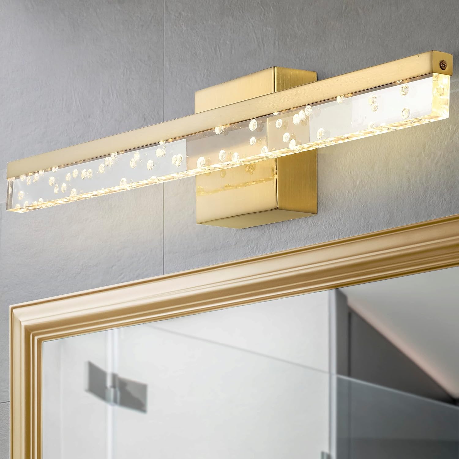 JONATHAN Y 22' Brass Gold/Clear Modern Integrated LED Vanity Light, Rotatable Wall Sconce for Bathroom Mirror, 3000K Dimmable Hardwired Fixture with Clear Seeded Acrylic Shade (JYL7128B)