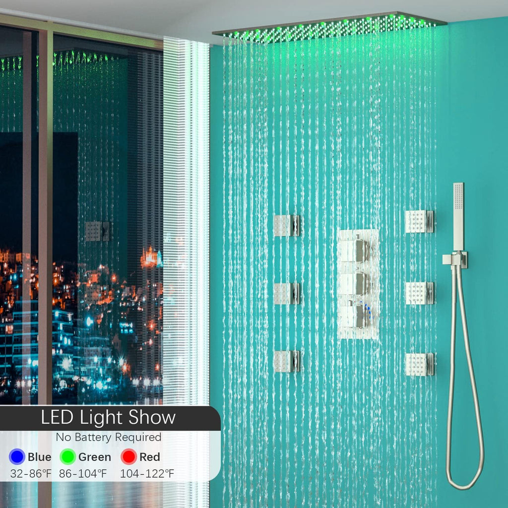 Luxury 15.7x31.5inch LED Rainfall Couples' Shower Multi Shower Head Thermostatic Shower System with Body Spray, Brushed Nickel