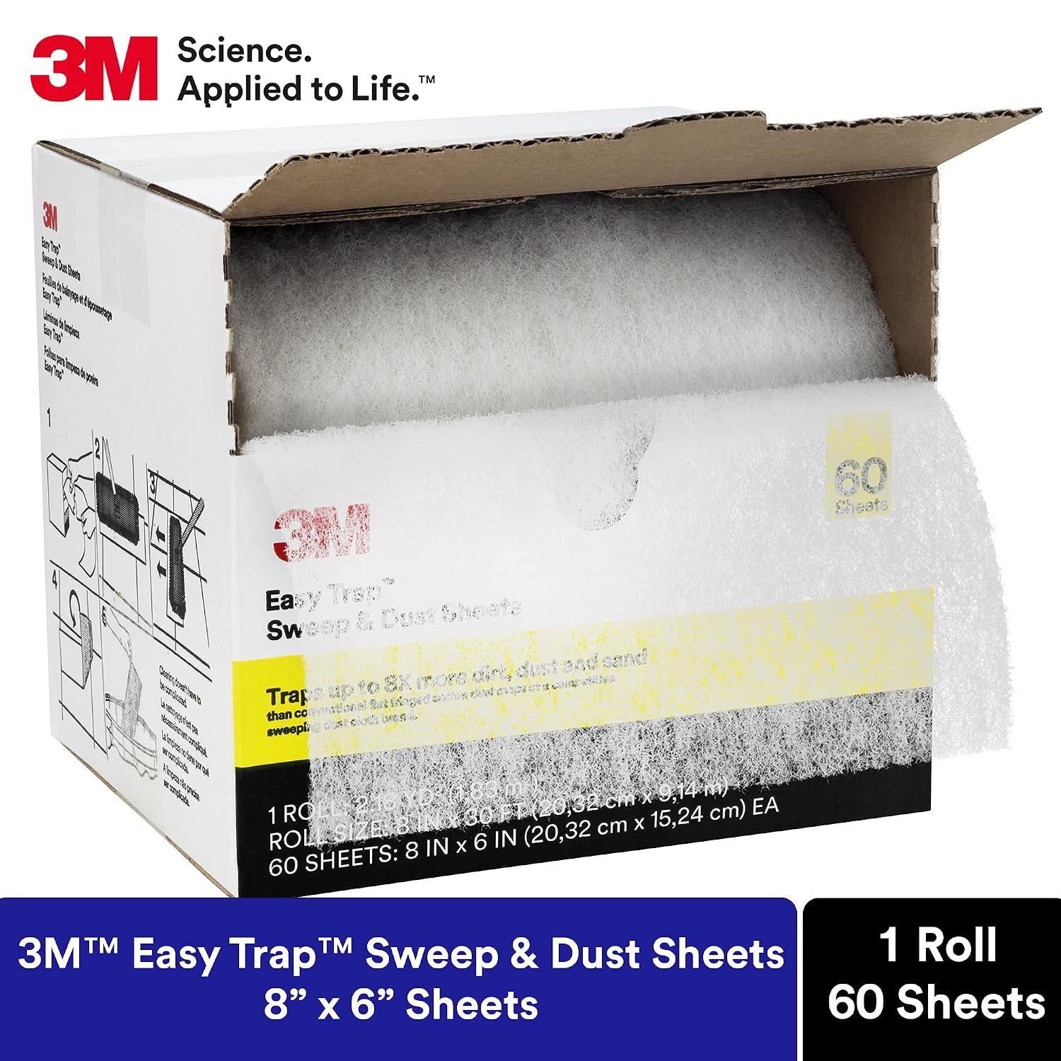 3M Easy Trap Sweep and Dust Sheets,1 Roll of 60 8' x 6' Sheets,Disposable Easy Sweep Floor Duster,Picks Up 8X More Dirt,Dust,Sand,Hair,Works on Dry or Wet Surfaces,Hardwood Floors,59152W,(Pack of 8)