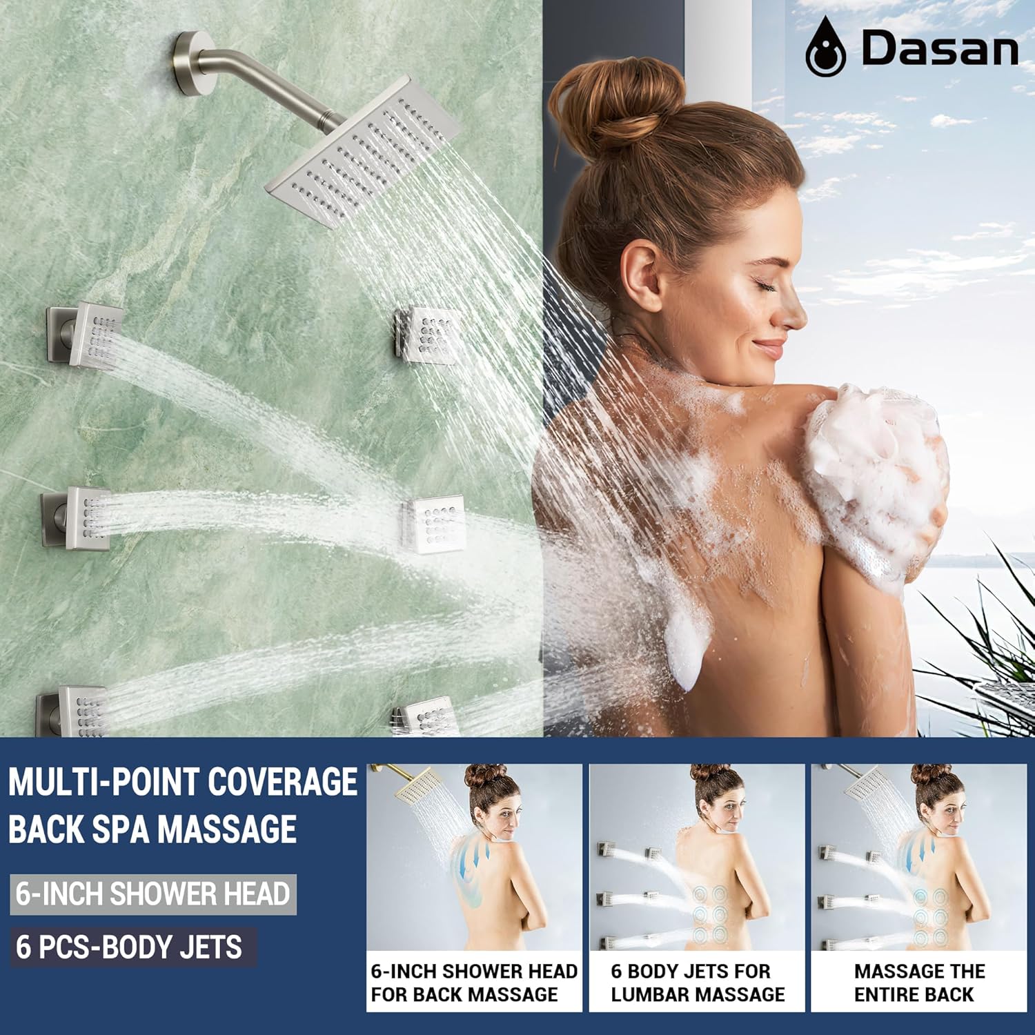 Dasan Thermostatic Dual Shower Head System with 6 Body Jets, 6-Inch Shower & 16' Rainfall Shower, Luxury Brushed Nickel Shower Faucet Set Tandem Rain Shower Head System for Couples/ 2-Person