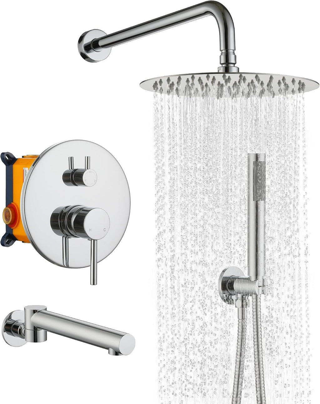 MONDAWE Round Shower Faucets Sets Complete with Tub Spout, Wall Mounted Shower System 10 Inch Rainfall Shower Head with Handheld Combo, Chrome High Pressure Shower Faucet Set